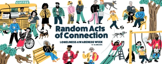 Lonliness awareness image with lots of people making connections.